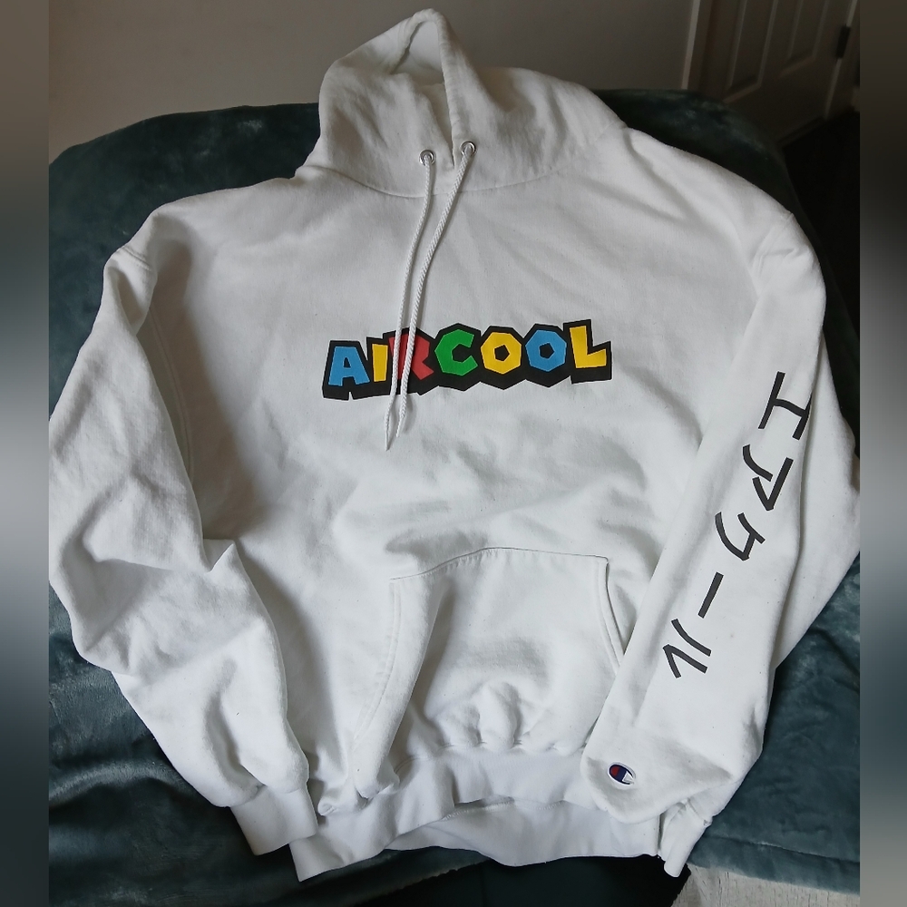 White Aircool Champion Hoodie with Graphic Design- Large